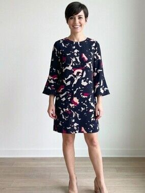 BANANA REPUBLIC Women's XS Navy Pink Shift Dress Abstract‎ Print Bell Sleeve